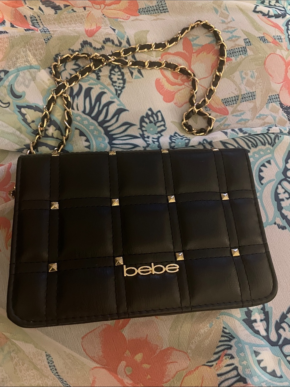 bebe Black Quilted Crossbody with Gold Chain and Stud Accents